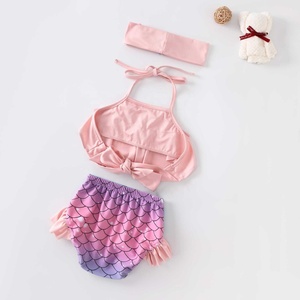 Pink Mermaid Swim Set With Bow <b>Top</b> And Fish Scale Bottoms For Kids Outdoor Wear - Product Image 3