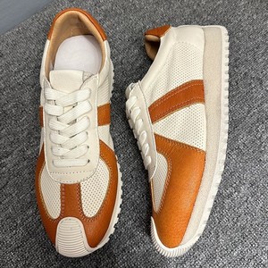 Men's Genuine <b>Leather</b> <b>Sneakers</b> White Brown Hollowed Out Low Top Casual Fitness Walking Shoes Flat Heel Front Laces - Product Image 3