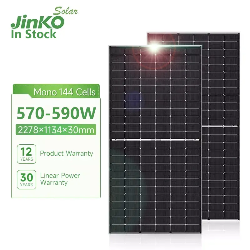 خلايا طاقة شمسية أحادية البلورية من Jinko بقدرة 580 وات و 144 خلية لوح طاقة شمسية أحادي بقدرة 550 وات و 605 وات مزودة بقوة تشغيل 450 وات و500 وات معبأة على منصة الطاقة