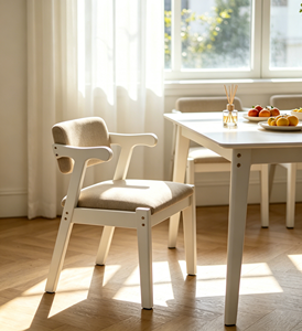 Chaise de bureau en bois massif blanc avec accoudoirs en corne, chaise de salle à manger décontractée à dossier court rembourré en lin beige pour la maison, le bureau ou la chambre d'étudiant - Product Image 2