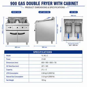 Friteuse professionnelle à gaz double 21L*2 31kW en acier inoxydable sur pied avec armoire pour cuisine de restaurant - Product Image 3