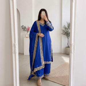 Ensemble Salwar en soie brodée bleue avec dupatta, tenue traditionnelle indienne et pakistanaise pour femmes, coupe ample, longueur au sol, vêtements décontractés - Product Image 1