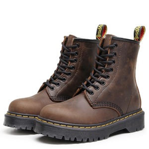 High-top work <b>boots</b> brown short <b>boots</b> men's and women's genuine leather shoes round-toe motorcycle shoes - Product Image 3