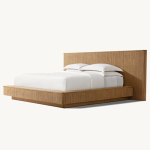 Letto <span class=keywords><strong>a</strong></span> pannello allungato Mulholland RH in rovere bianco massiccio intagliato, letto <span class=keywords><strong>a</strong></span> piattaforma King Size, mobili per camera da letto villa - Product Image 1