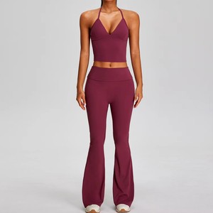 Ensemble de yoga 2 pièces pour femme, style européen et américain, effet seconde peau, séchage rapide, en Spandex/Nylon, couleur unie, coupe ajustée, longueur intégrale, pour le fitness - Product Image 6