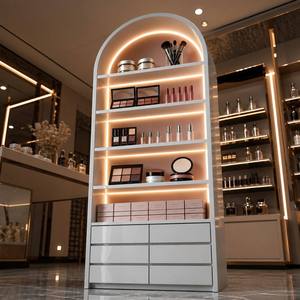 Vitrine Murale LED Courbée pour Cosmétiques, Finition Or Blanc, Étagère à Produits de Beauté avec Tiroir, Présentoir de Magasin pour Soins de <span class=keywords><strong>la</strong></span> Peau et Maquillage - Product Image 4