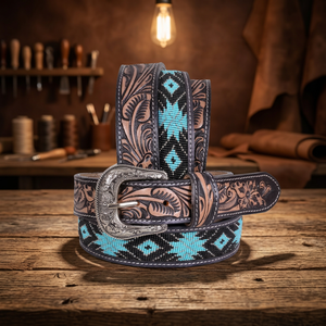 Premium <b>Western</b> Embroidered <b>Belt</b> With Turquoise Beaded Pattern Silver Alloy Buckle Casual Durable Handcrafted Leather <b>Belt</b> - Product Image 4