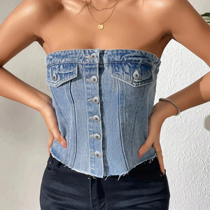 Top Corto de Mezclilla sin Tirantes para Mujer - Top Casual de Otoño a la Moda - Product Image 6