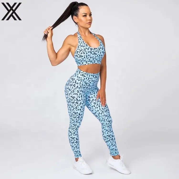 XTD high waist Water blue leopard yoga pants fitness custom seamless leggings