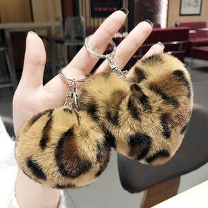 Wholesale Leopard Pompom Key Chain Imitation Rabbit Fur Ball Keychain Heart Shaped Plush Fluffy Furball Puff Ball Keychain