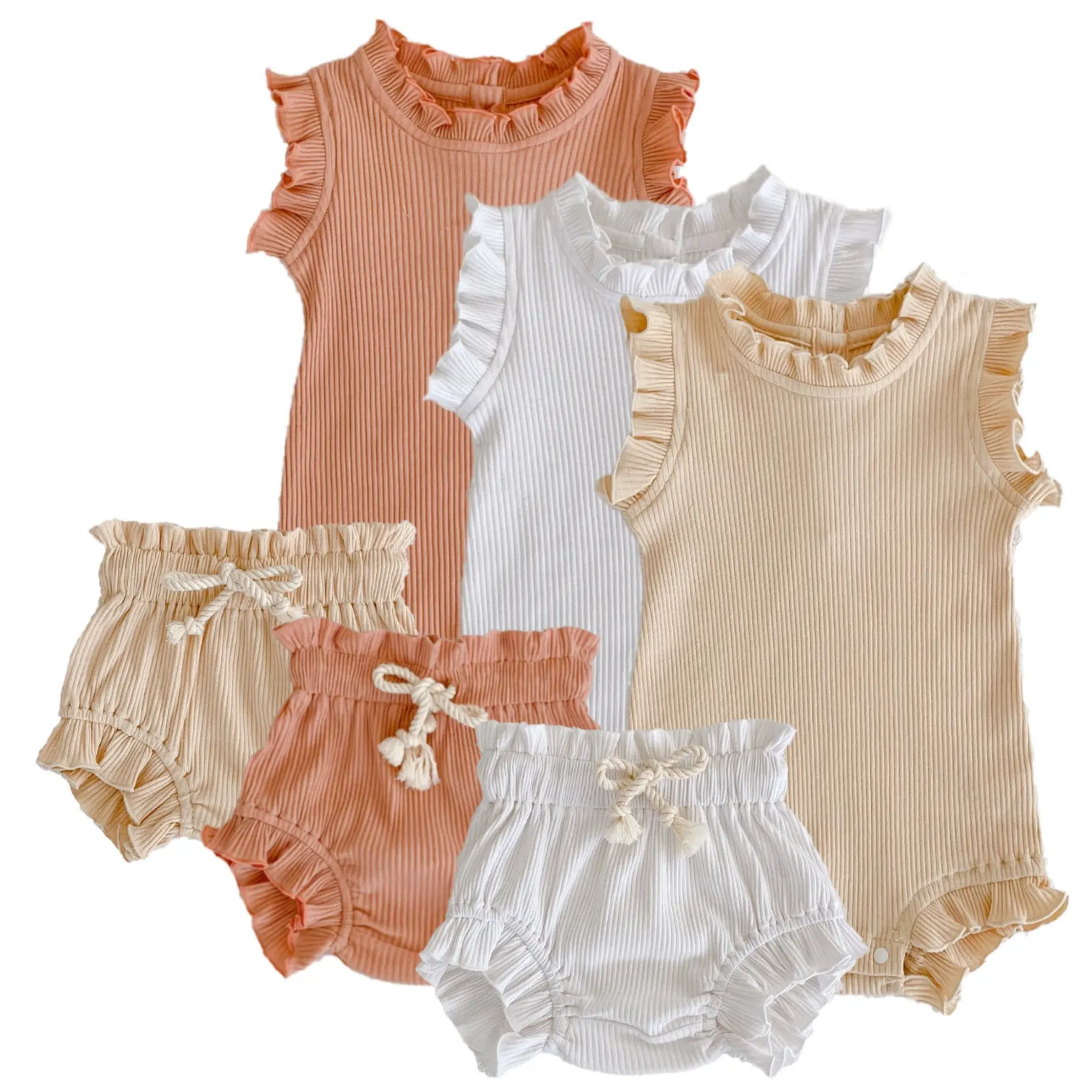Rts conjunto de roupas com blusa, conjunto de roupas de algodão para bebês recém-nascidos, com babado e cordão