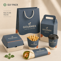 Emballages personnalisés pour plats à emporter de restaurant avec boîte à burger, carton à frites, manchon d'emballage, gobelet à café, sac en papier et boîtes combo à poignée.
