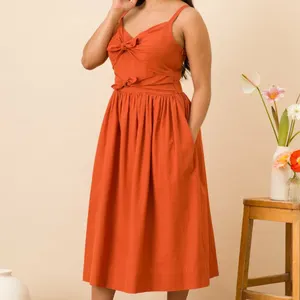 summer knot gallus midi women big sizes dress linen casual cotton linen dresses for ladies
