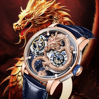 Montre automatique HANBORO 3D squelette de dragon en or rose pour homme, cadran ciel étoilé de luxe, bracelet en cuir premium, étanche, sculptée