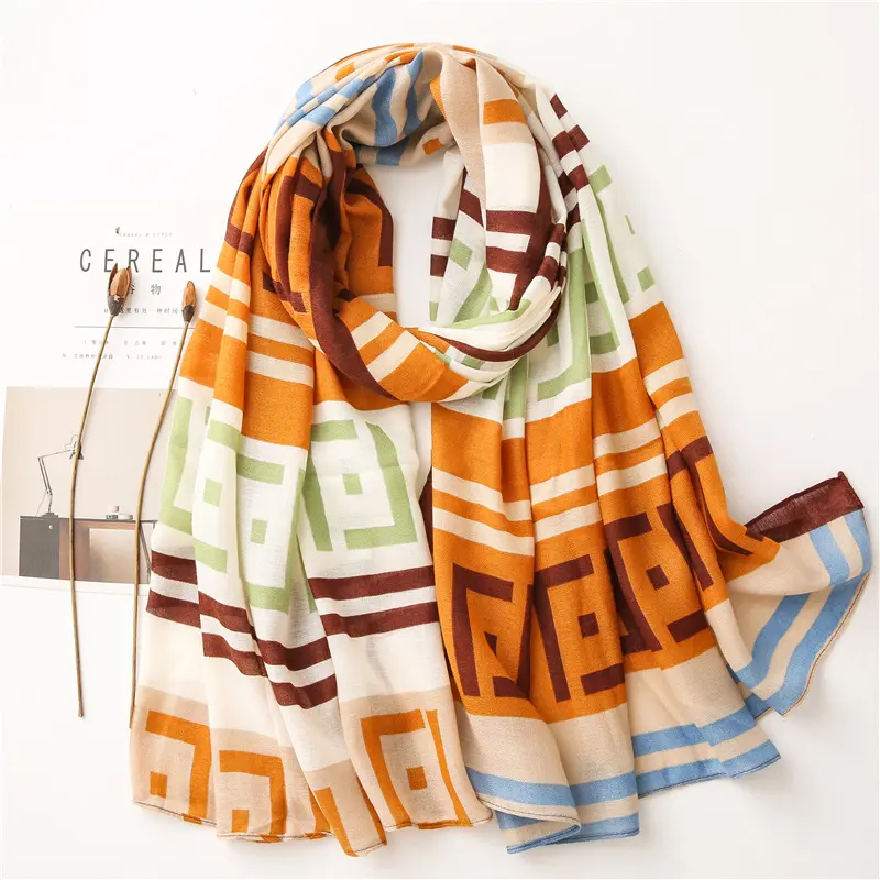 2020 Fashion blue geometric Printing Viscose summer Scarf Woman with border black Spring Shawl yellow Beach brown Hijab