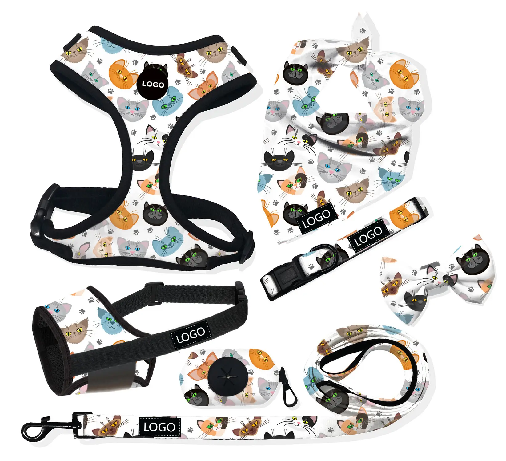 No Pull Adjustable Dog Harness Collar Leash Set Privet Label RIBBONS Print Pet Collar Leather Sustainable Leather Dog Name Tag