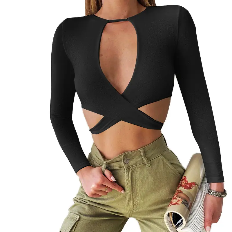 New design long sleeves solid black sexy fashion crop tops short tops for women 2022