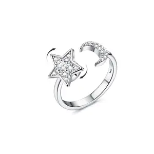 Anillo giratorio de Plata de Ley 925 con forma de Luna y Estrella, joyería personalizada, antiansiedad