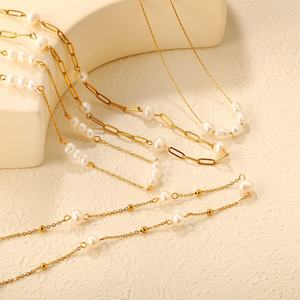 Collar de Perlas de Agua Dulce de Acero Inoxidable Hipoalergénico de Moda, Collar de Moda Chapado en Oro de 18K Resistente al Agua y al Deslustre - Product Image 1