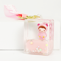 Porte-clés créatif personnalisé en acrylique avec impression UV, sablier rempli d'huile, pendentif ours rose rêveur, breloque de sac à dos en gros
