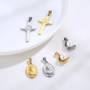 Gold Plated Stainless Steel Saint St St. Benedict Crucifix Cross Pendants Pearl Jewelry Saint Michael Charm