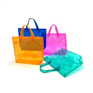 Пользовательская Женская модная прозрачная пластиковая сумка, водонепроницаемая прозрачная сумка-тоут, пляжные сумки, неоновая сумка для покупок из ПВХ