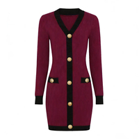 Nouvelle robe moulante mini élégante pour femme, en tricot, avec bordure contrastée, boutons dorés, manches longues, col en V, printemps-été