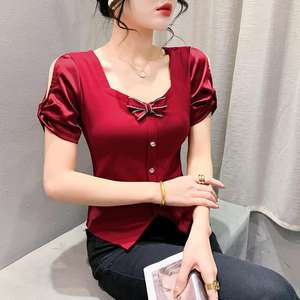 Summer New <span class=keywords><strong>Original</strong></span> Design <span class=keywords><strong>Chic</strong></span> Off-Shoulder Short Sleeve Bow Drill Buckle Fashionable Stylish Women's Top T-<span class=keywords><strong>shirt</strong></span> - Product Image 3