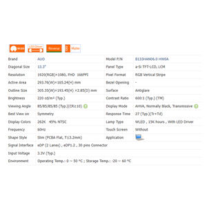 600:1 b133han06. 0 HW0A/B, 220 Cd/<span class=keywords><strong>m</strong></span> nuovo No Touch 16:9 modulo schermo LCD per Laptop 1920*1080 EDP 30 pin 13.3 "64% SRGB - Product Image 6