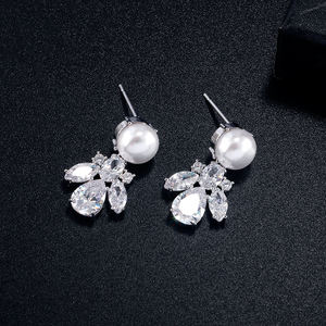 Lacole EP2565 Marquis Shape Water Drop Cubic Zirconia Pearl Stud Earrings Women's Jewelry - Product Image 4