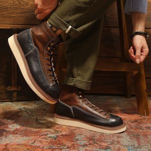 Bottes décontractées pour hommes en cuir véritable, bottes de travail style rétro, chaudes et rehaussantes, noires, style britannique, color-block tendance - Product Image 1