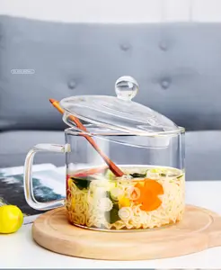 สูง Borosilicate แก้วที่ทำด้วยมือเครื่องครัวชามชุดทำอาหารทันทีก๋วยเตี๋ยวชามแก้วที่มีฝาปิด