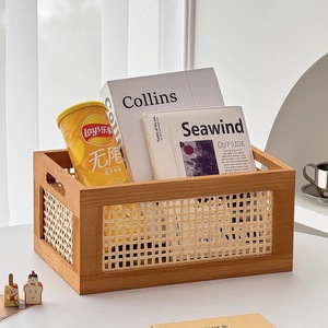 Panier de rangement en rotin et bois massif, rectangulaire, 30x20x14cm, organisateur de bureau, boîte de rangement pour cosmétiques et collations - Product Image 4