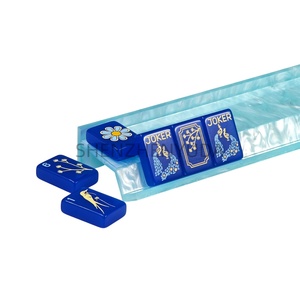 Exhibidor de Mahjong Azul Perlado Brillante, Juego de Mahjong Americano de Lujo con Empujadores de Lucite para 4 Jugadores, Juegos de Fiesta Familiar - Product Image 1