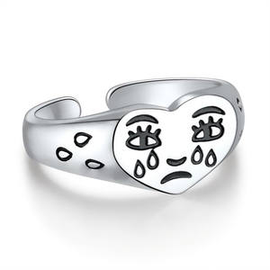 Nouvelle conception rétro, <span class=keywords><strong>bague</strong></span> en argent en forme de cœur pleurant, design d'ouverture, <span class=keywords><strong>emoji</strong></span> pleurant, <span class=keywords><strong>bague</strong></span>, bijoux, cadeau - Product Image 2