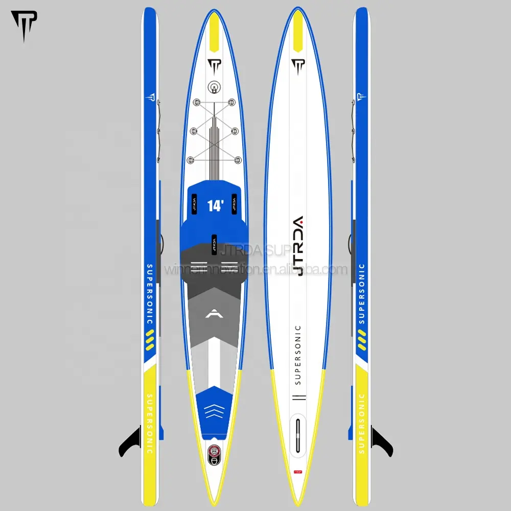 JTRDA 14ft inflatable high density narrow racing SUP stand up paddle board fly fish with EVA kick pad on tail