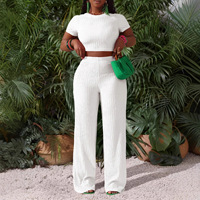 Conjunto de Dos Piezas de Punto Arrugado Sólido para Mujer, Camiseta Corta de Manga Corta, Pantalones Acampanados de Cintura Alta Elástica, Conjunto Deportivo para Diario y Vacaciones
