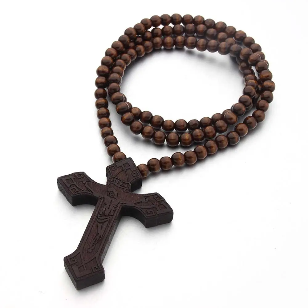 Colgante collar con cuentas collares joyería de moda al por mayor personalizado Cruz madera religiosa joyería de madera 40G 90cm