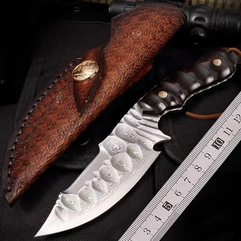 Handmade Heavy Duty Sandal Wood Handle Damascus Steel Fixed Blade Knife With Leather Sheath Survival Bowie Hunting Knives