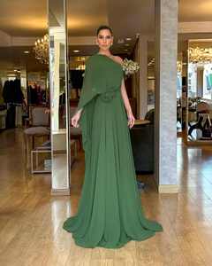 Robe de soirée mi-longue en mousseline de soie vert olive naturel respirante élégante d'été <span class=keywords><strong>Mily</strong></span> Bridal ML507 à une épaule avec cape - Product Image 1
