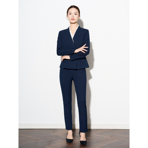 Women's Navy Blue V-Neck Suit Set Elegant Blazer Pants Anti-Wrinkle Worsted Commute Style - Product Image 3