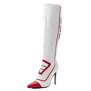 <span class=keywords><strong>Botas</strong></span> Altas de <span class=keywords><strong>Mujer</strong></span> Talla Grande 47, Blancas con Parches Rojos, Punta Puntiaguda, Tacón Fino, Ajuste Ancho, Cremallera Lateral - Product Image 5