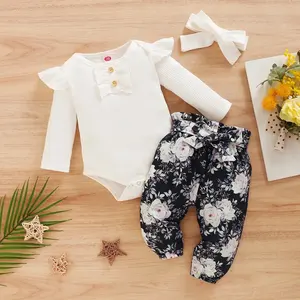 3pc Toddler Newborn Baby女の子服セットLong Sleeve Ruffles Romper Bodysuit + Floral Pants Headbands Clothes Outfitsセット