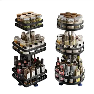 Acessórios de cozinha Rotatable Spice Jar Prateleira Ajustável Countertop Storage Rack Carbon Steel Seasoning Bottles Holder