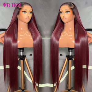 Peluca de Cabello Humano 99J 13x4 con Frente de Encaje sin Pegamento para Mujeres Negras, Color Rojo Vino Borgoña 99J, Peluca Frontal de Encaje HD Lisa Pre-Desplumada - Product Image 1
