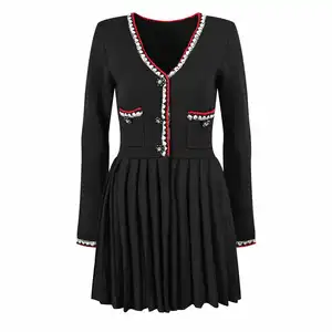 Bettergirl Lady French Style Solid Wear V-Neckline Long Sleeve Women Knit Slim Fitted Pleated Short Mini Black Dress
