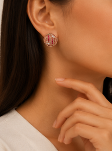 925 Sterling Silver Rose Gold Plated Vintage Round Stud <b>Earrings</b> with Ruby <b>Red</b> Cubic Zirconia and White CZ Geometric Filigree - Product Image 4