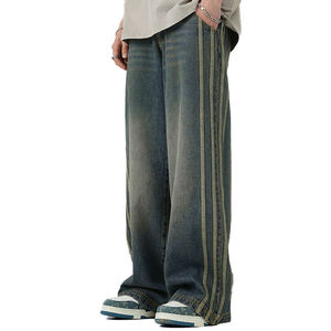 Jeans de mezclilla Y2K holgados de algodón lavado con rayas de cinta vintage personalizados al por mayor, de pierna recta, estilo urbano, para hombre. - Product Image 6