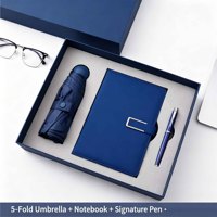 Ensemble cadeau personnalisé de carnet en cuir bleu A5 et stylo avec parapluie, ensemble cadeau d'affaires avec stylo pour le bureau, coffret cadeau d'entreprise
