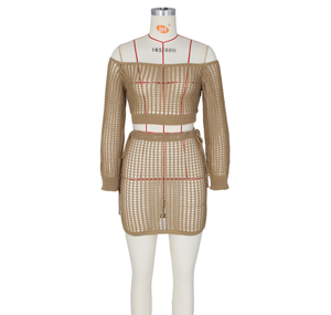 Top ajouré à manches longues pour femmes, <span class=keywords><strong>Mini</strong></span> jupe transparente, Cover-up <span class=keywords><strong>de</strong></span> plage deux pièces au Crochet, 5 couleurs - Product Image 6